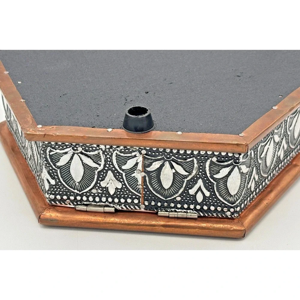 Vintage Embossed Silver Copper & Metal Hexagonal Trinket Box‎ 4 Compartment